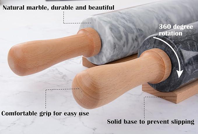 SIPARUI Marble Rolling Pin Set with Silicone Pastry Mat,Pastry Brush,Cooking Tongs,Stainless Steel Scraper18.5 inch Polished Non-Stick Roller for Pizza Dough,Fondant,Pie Crust(Gray White)