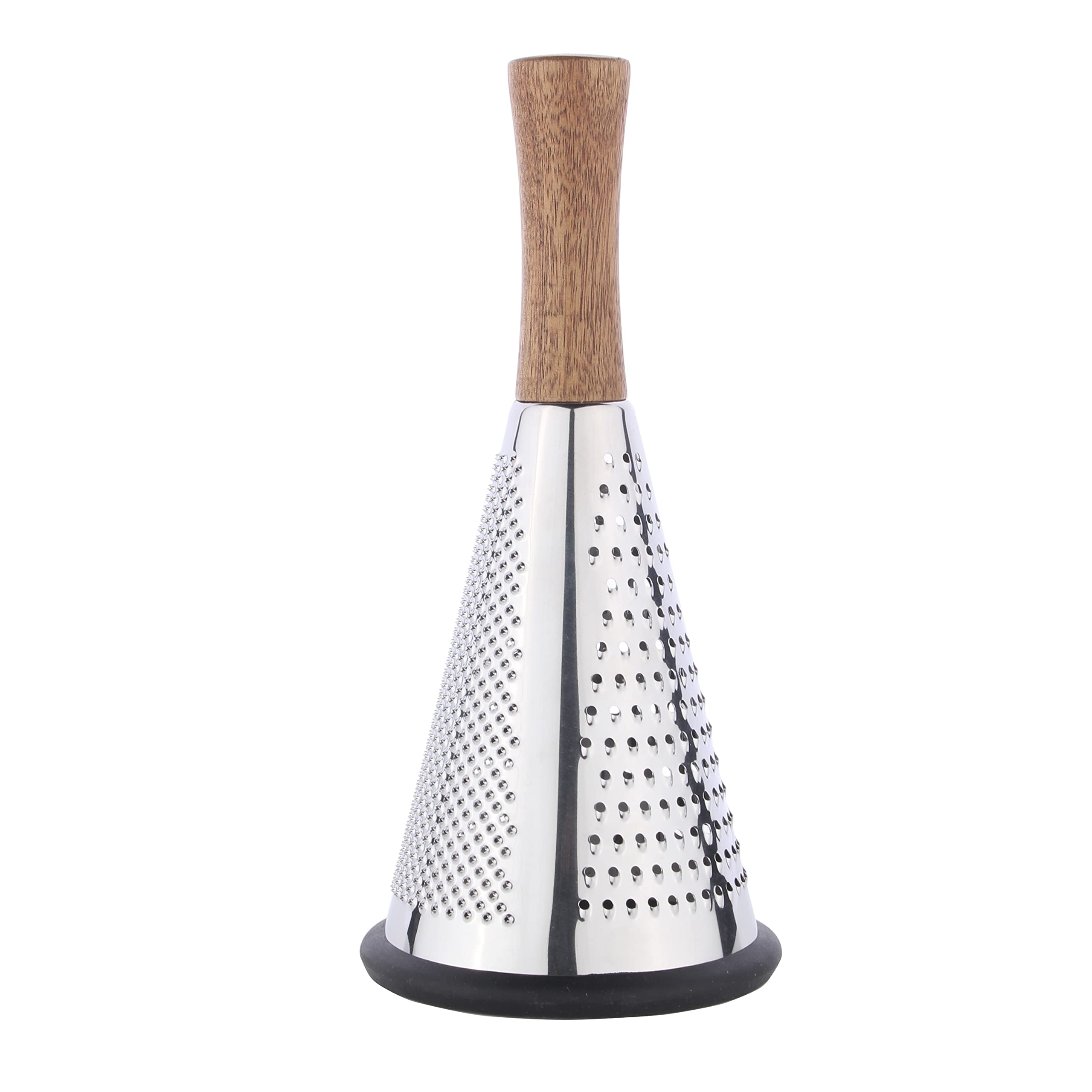 Cone Cheese Grater with Handle - Stainless Steel Triple Function Wood Handle Parmesan Shaver Non-Slip Rubber Bottom Hand Held Multifunction Vegetables Cheese Grater with container (M: 9.4" X 4.3")
