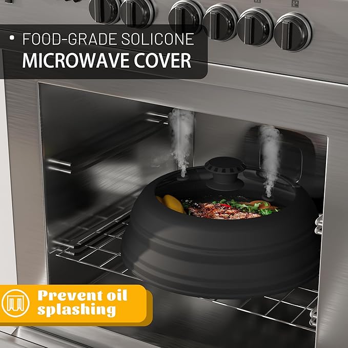 Microwave Splatter Cover, Vented Silicone & Glass Anti-Splatter Lid with Handle, Collapsible Food Plate Cover Fits 6–11 Inch Plates and Bowls (Black, 11.8inch)