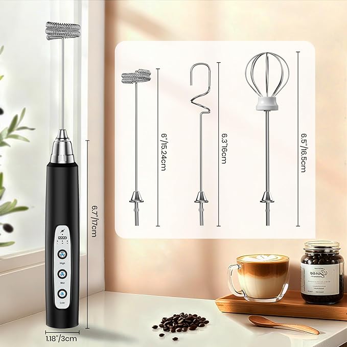 Colarlemo Milk Frother Handheld Rechargeable, Frother Wand Drink Mixer Electric Whisk for Coffee, Detachable With 3 Stainless Whisks, Hand Mixer for Lattes, Cappuccino, Matcha, Egg, No Stand,Black