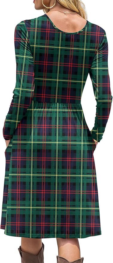 DB MOON Womens Casual Long Sleeve Dresses Empire Waist Knee Length Loose Dress with Pockets (DBL Green Plaid, 3XL)