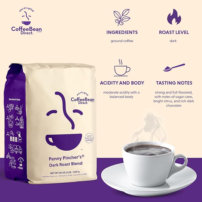 Coffee Bean Direct Penny Pincher's® Dark Roast Blend, Ground, 5lb Bag