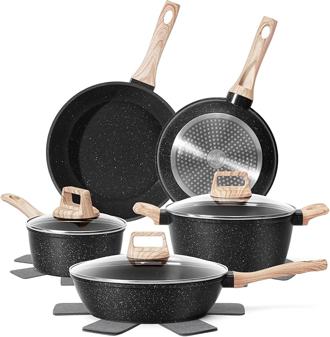 SODAY Pots and Pans Set Non Stick, 17Pcs Black Granite Induction Cookware