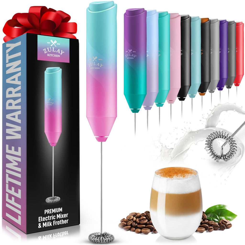 Zulay Kitchen Powerful Milk Frother Wand - Handheld Stainless Steel - Battery Operated Drink Mixer for Coffee, Lattes, Cappuccino, Matcha - Froth Mate Frother Gift - Bright Bubblegum