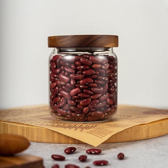 piconesper 2PCS Small Glass Storage Jars with Airtight Lids, 17 fl oz (500ml) coffee container with Wooden Lid, Glass Pantry Canister for Beans, Rice, Sugar and etc