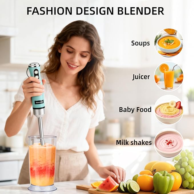 WarmWink Hand Blender, Powerful 4 in 1 600w Corded Immersion Blender Handheld with Stainless Steel Attachment, Small Food Processor & Stick for Kitchen, Emergen useful immersion blender