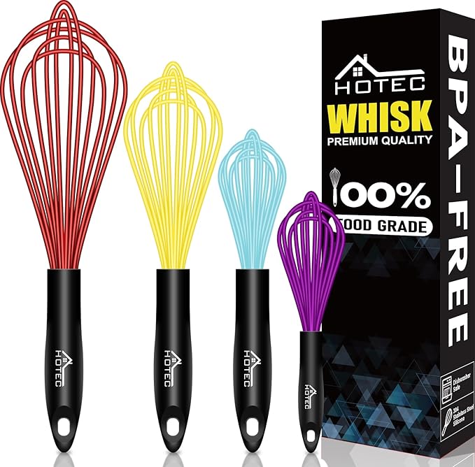 HOTEC 4 Pieces Silicone Whisks Set, Wire Balloon Whisks for cooking Egg Beater, Non-slip Handle Whisk for Non-stick Cookware Perfect for Cooking, Stirring, Beating and Blending,Multicolor