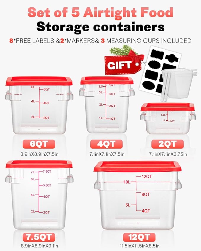 SVKLHY 4QT 6PCS NSF Commercial Clear Food Storage Containers with Lids(RED)