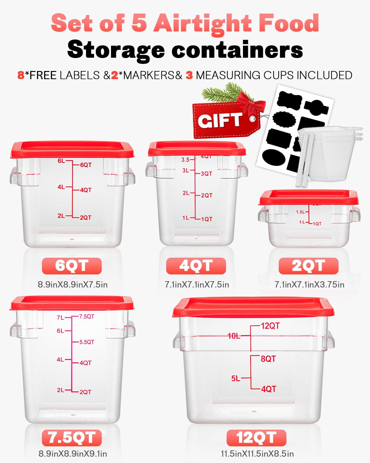 SVKLHY 4QT 6PCS NSF Commercial Clear Food Storage Containers with Lids(RED)