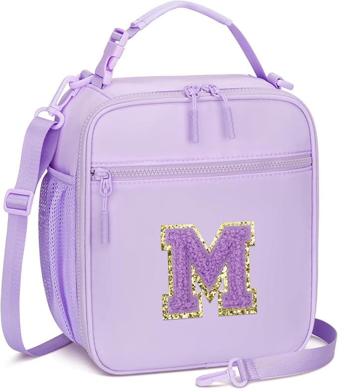 CLOUDWINGS Initial Insulated Lunch Bag for Girls Kids, Back to School Gift, Reusable Leak-proof Lunch Box with Adjustable Strap for School Daycare Travel Picnic (Purple,M)
