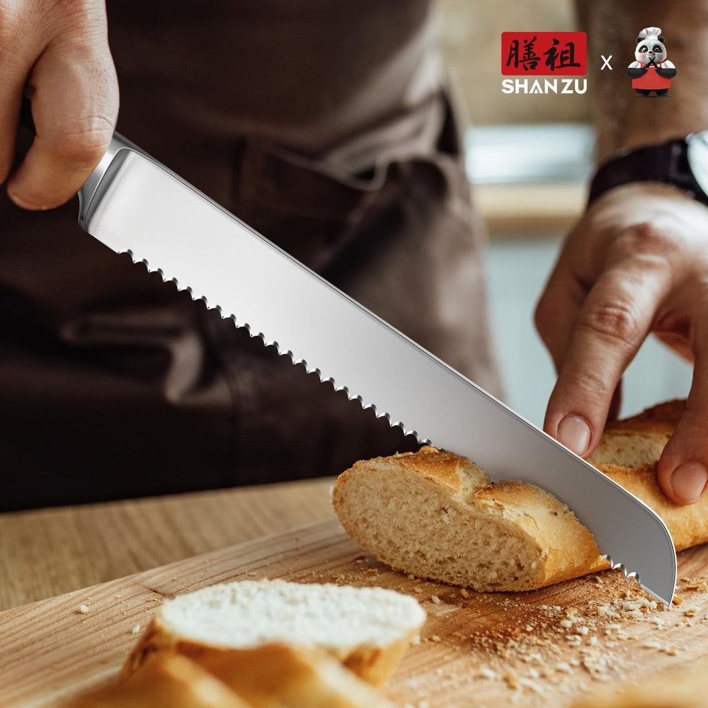 SHAN ZU 10-Inch Serrated Bread & Sourdough Knife with Wood Handle