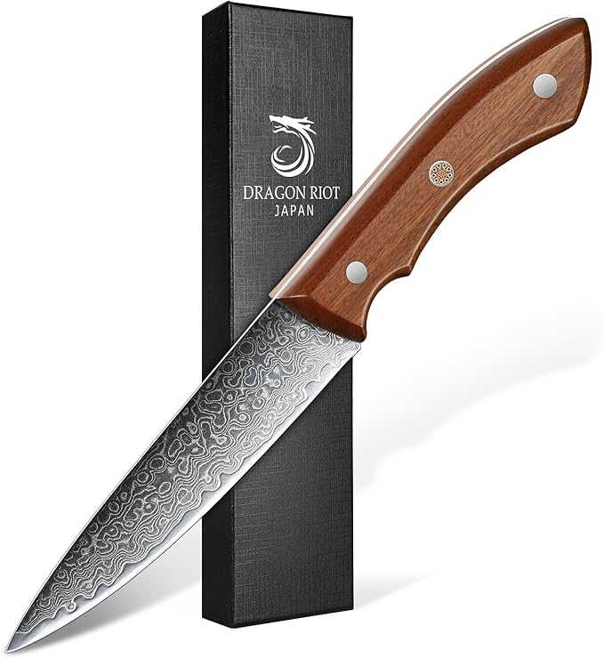 DRAGON RIOT 5 Inch Damascus Paring Knife, VG10 Steel, Fruit Knife | VG10 Steel Core, Ergonomic Wood Handle, For Slicing, Chopping and Everyday Food Prep