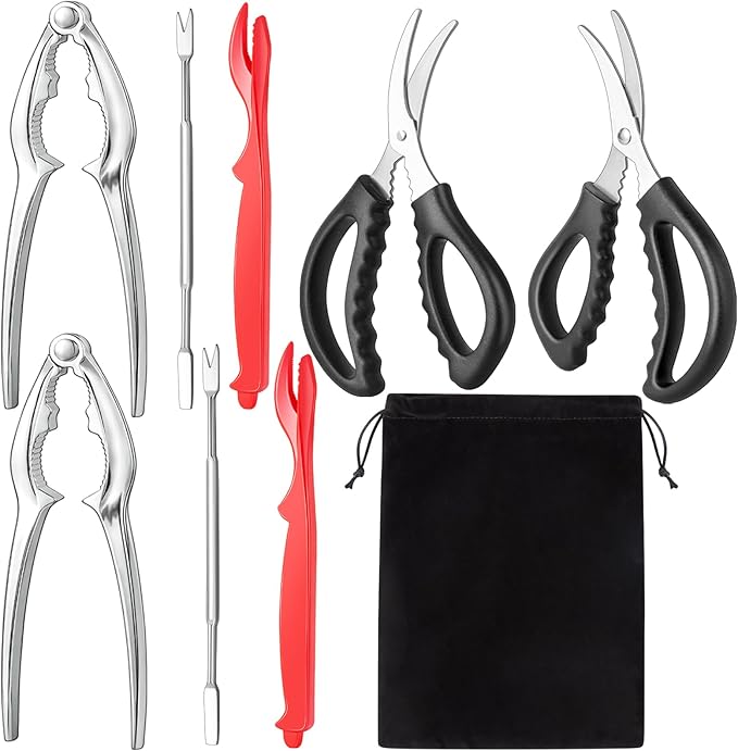 suoundey Seafood Cracker Tool Set With Lobster Sheller Stainless Steel Crab Crackers Crab Leg Fork Seafood Scissors And Storage Bag, Crab Leg Pick Utensils Set Crab Eating Tools (9Pcs)