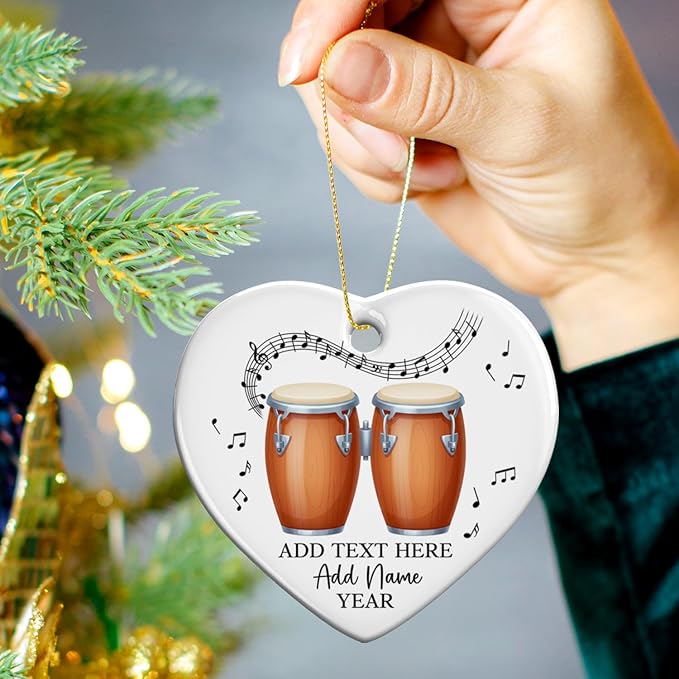 Bongo Drums Ceramic Ornament Gift for Music Band, Personalized Drummer Xmas Tree Ornaments with Text Name Year, Custom Bongo Drums Player Christmas Ornament 2026, Instruments Xmas Keepsakes