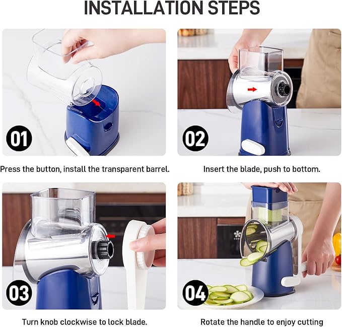 VEKAYA Rotary Cheese Grater Hand Crank, 4 blades Cheese Shredder (Blue)
