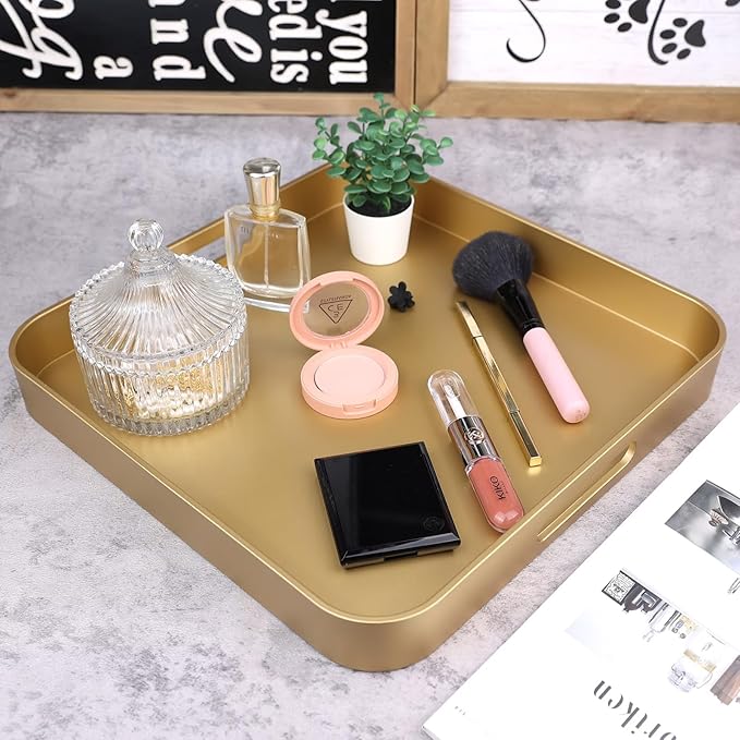 SforGUVA Square Gold Decorative Serving Tray with Handles, Versatile Ottoman Tray for Coffee Table, Entertaining, Outdoor Patio, Living Room, 13”*13”*1.6”