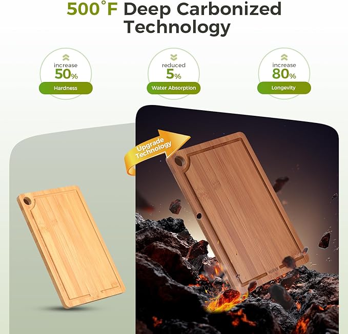Bamboo Cutting Board for Kitchen, 3-Piece Set with Juice Grooves, Side Handles & Non-Slip Mats – Durable Bamboo Chopping Board for Meat, Vegetables and Fruits