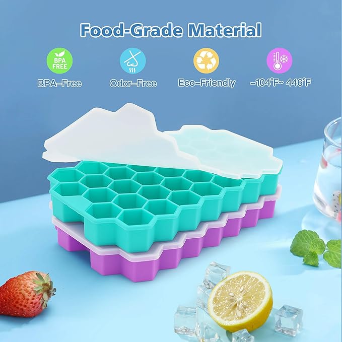 Azyh Ice Cube Trays for Freezer, 2 Pack Ice Cube Tray with Lid, Silicone Ice Cube Mold with Lid-37 Grid,Easy-Release Reusable 74 PCS Small Ice Cubes for Iced Coffee Cocktail Whisky Chocolate Soup Food