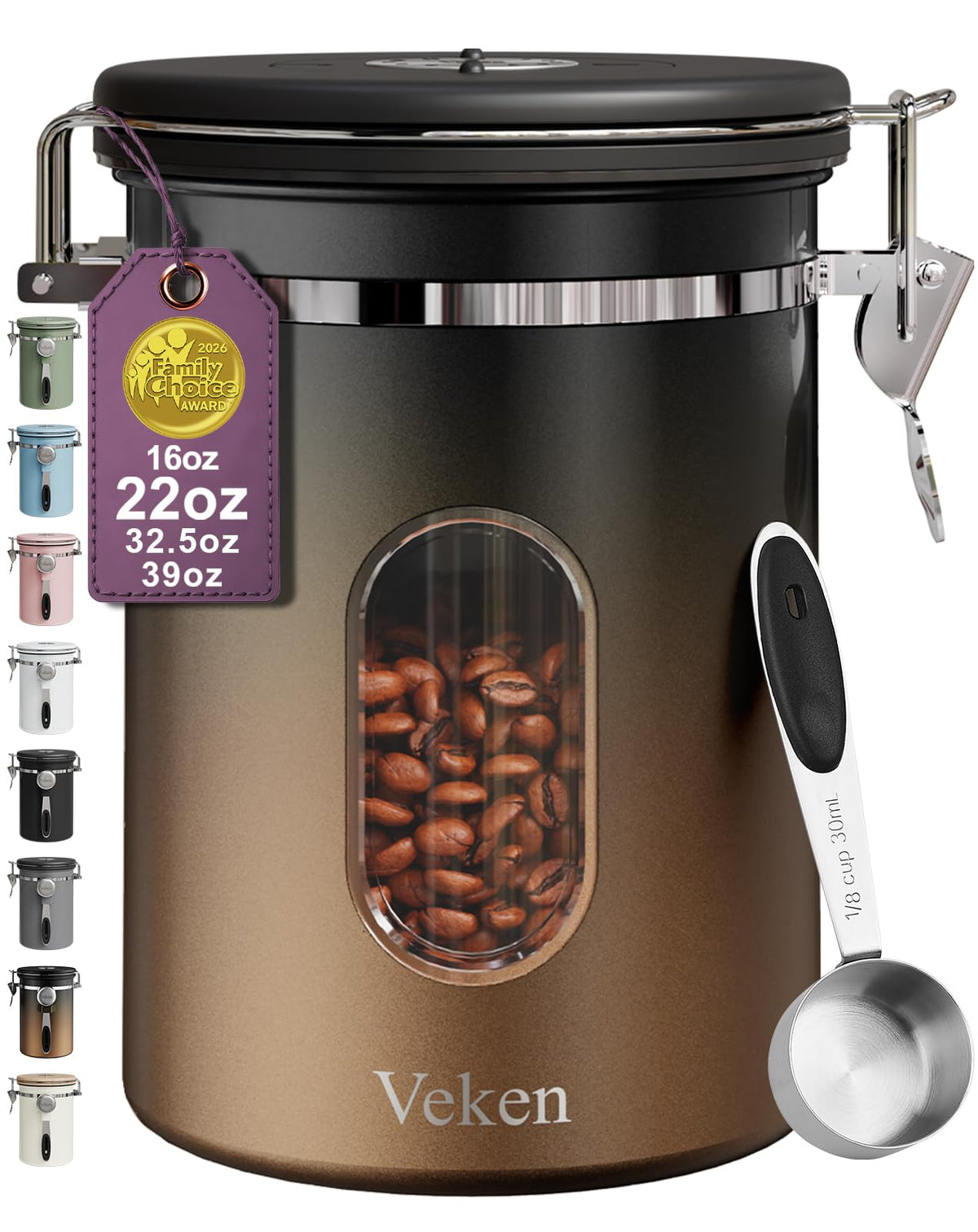 Veken Coffee Canister with Window,Airtight Stainless Steel Compact Jar,16OZ