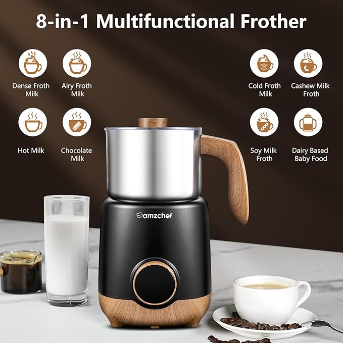 AMZCHEF 8-IN-1 Milk Frother and Steamer 550 Watts, 21 oz Split Stainless Steel Automatic Steamer, Milk's Warmer for Latte, Cappuccino, Hot and Cold Froth, Heated Milk, Hot Chocolate, Baby Food, Black