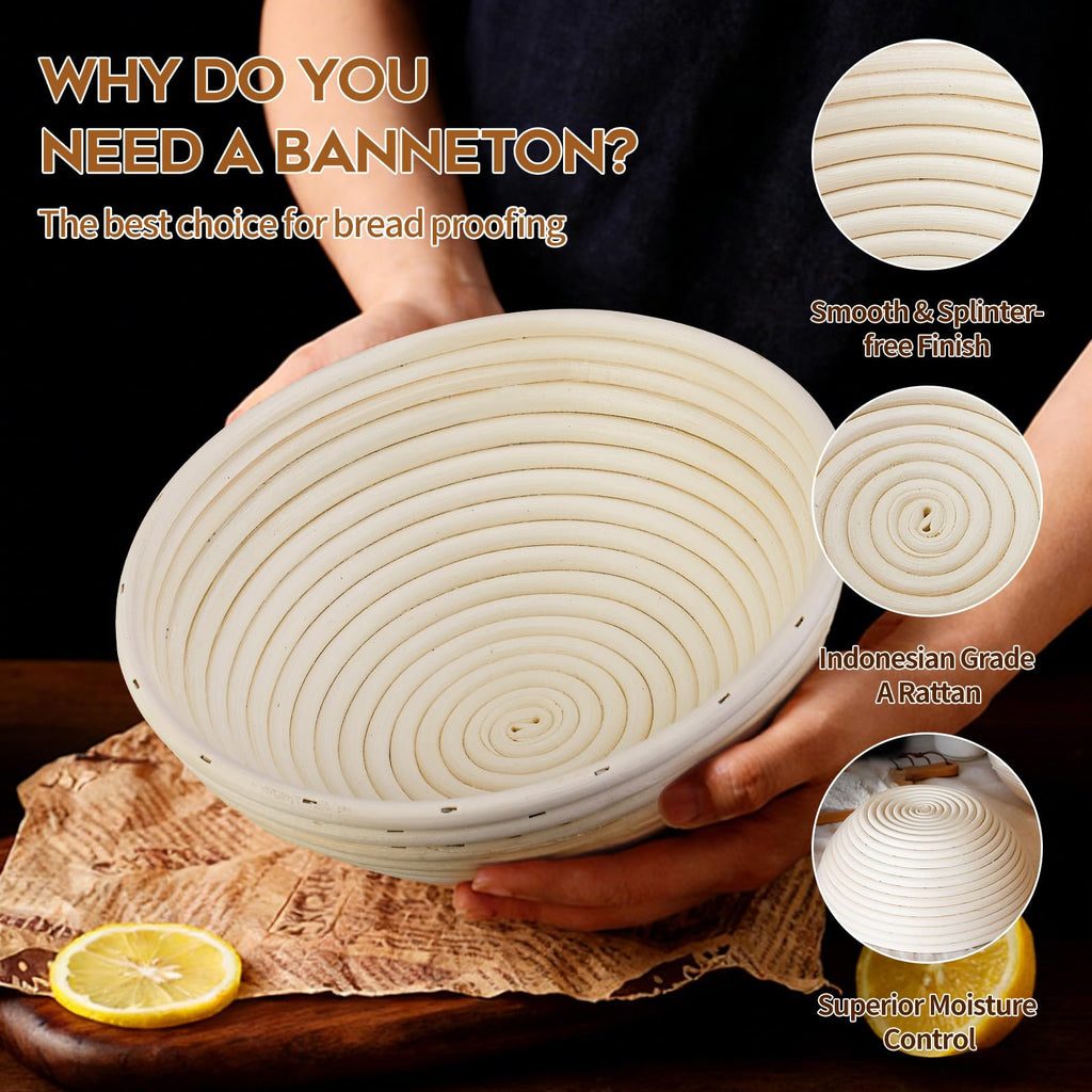 Dimpola Banneton Proofing Basket for Sourdough Bread, Handmade & Natural Rattan - Round Dough Rising Basket for Baking - Perfect for Artisan Breads (Round of 2 Gift Set)
