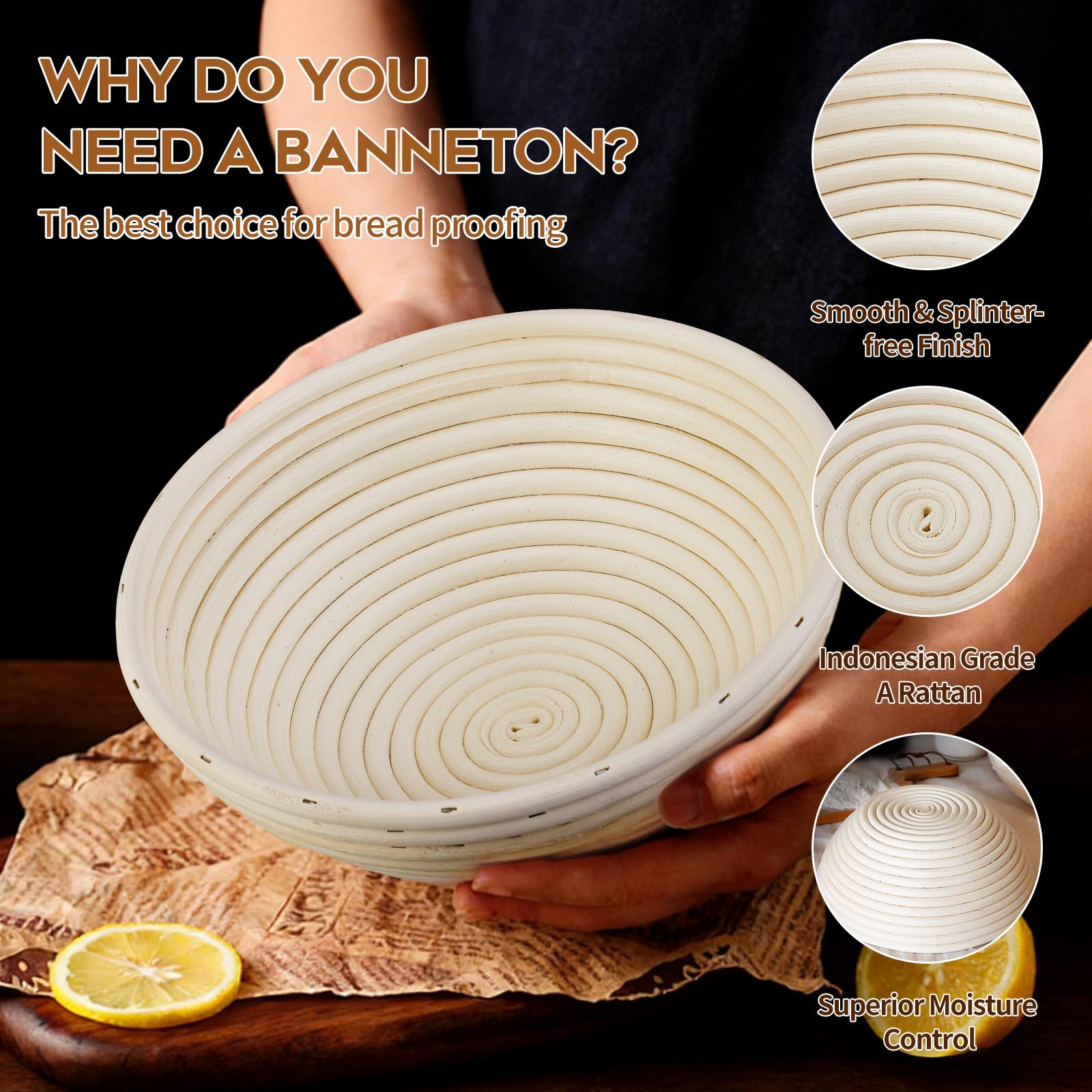 Dimpola Banneton Proofing Basket for Sourdough Bread, Handmade & Natural Rattan - Round Dough Rising Basket for Baking - Perfect for Artisan Breads (Round of 2 Gift Set)
