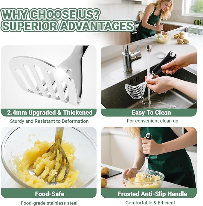 Potato Masher Stainless Steel Heavy Duty Mashed Potato Masher Kitchen Tool for Mashed Potatoes, Bean,Vegetable,Fruits, Avocados, Meat,Dishwasher Safe, 10 Inch