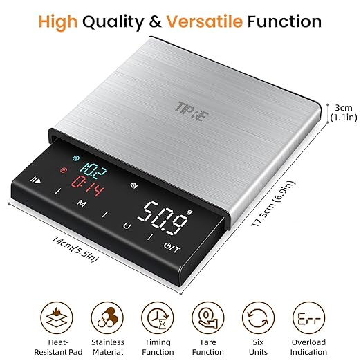 TIPRE Coffee Scale with Timer, 0.1g High Precision Espresso Scale, Pour Over Coffee Weight Scale Rechargeable Coffee Scale for Espresso with Color LED Display, Touch Sensor, Silicone Cover