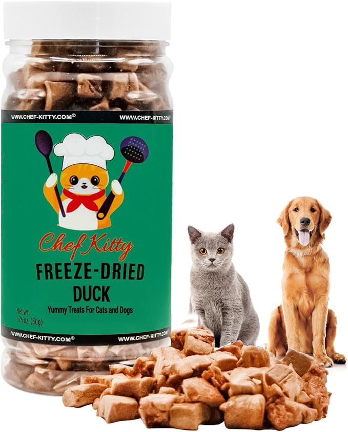Chef Kitty Duck Dog Treats | 100% Human Grade Freeze Dried Cat Treats, Single Ingredient | High Protein Cat & Dog Food Toppers | No Additives or Preservatives | Inspected & Tested in USA | 1.6 oz