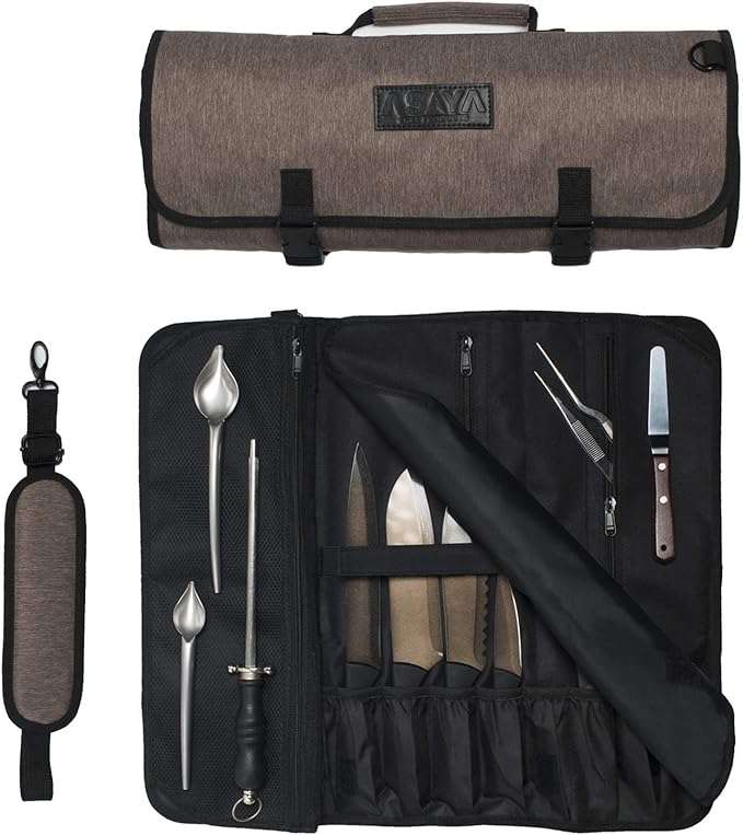Asaya Waxed Nylon Chef Knife Roll Bag with 20 Slots and Zippered Pockets - Professional Chef Knife Bag & Storage Case, Tool Carrier with Shoulder Strap - Knives Not Included (Brown)