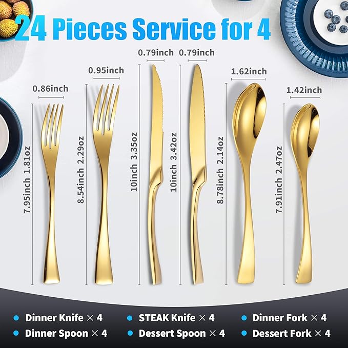 Lemeya 24-Pieces Gold Silverware Set with Steak Knives,Heavy Duty 18/10 Stainless Steel Flatware Set for 4,Modern Cutlery with Forged Stand Knives,Mirror Polished,Dishwasher Safe