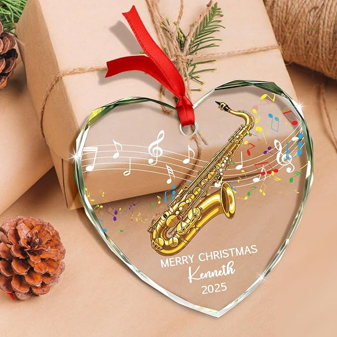 Personalized Text Year Name Saxophone Lover Glass Christmas Ornament 2026, Customized Saxophone Instrument Xmas Ornaments Gift for Brother Sister Dad Mom, Best Saxophonist Appreciation Glass Ornament