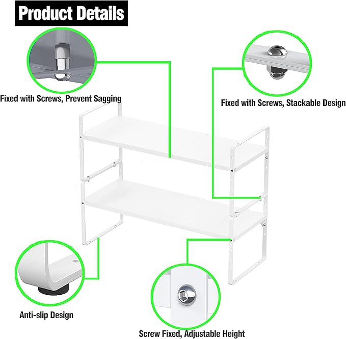 LOCVCDA Expandable Kitchen Cabinet Storage Shelf, Stackable Metal Pantry Storage Shelves Organizer, Adjustable Height Counter Spice Rack for Kitchen Cabinet, Countertop, Pantry and Office