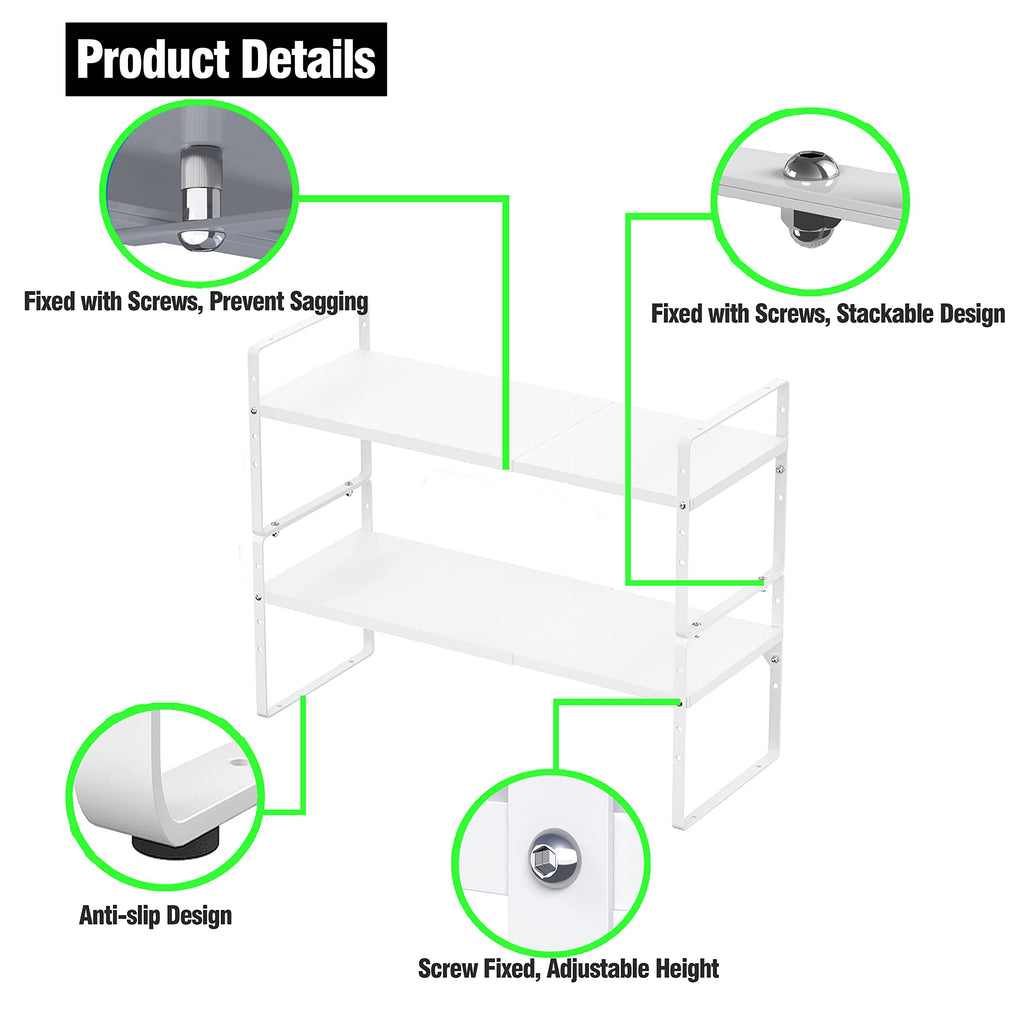 LOCVCDA Expandable Kitchen Cabinet Storage Shelf, Stackable Metal Pantry Storage Shelves Organizer, Adjustable Height Counter Spice Rack for Kitchen Cabinet, Countertop, Pantry and Office