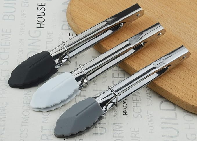 HINMAY 7-Inch Mini Tongs with Silicone Tips, Set of 3 (Black White Gray)