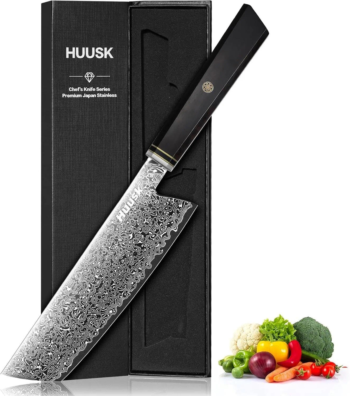 Huusk Damascus Nakiri Knife 7 Inch, Japanese Chopping Chef Knives