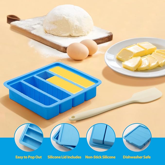 2PCS Silicone Butter Mold with Lid & Spatula, Non-Stick Butter Maker Tray and Container for Homemade Butter Storage, Baking, Freezing