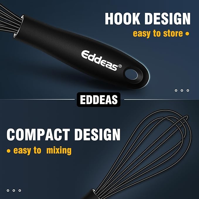 Eddeas Mini Silicone Whisk, Small Silicone Whisk 7+9in, BPA free Non Scratch Coated Protect your Ceramic Pots and Pan.Perfect for Whisking, Beating, Mixing.Black