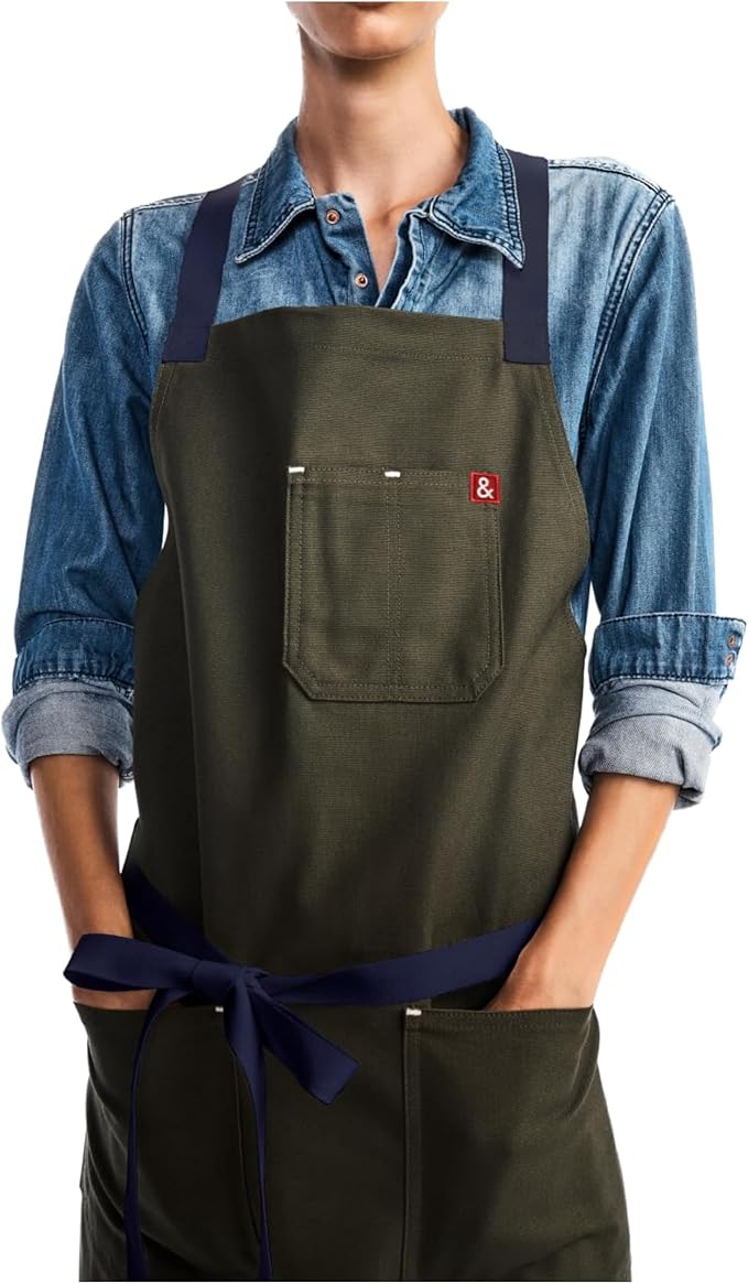 hedley & bennett Crossback Chef Apron, Pockets & Towel Loop, Olive Green