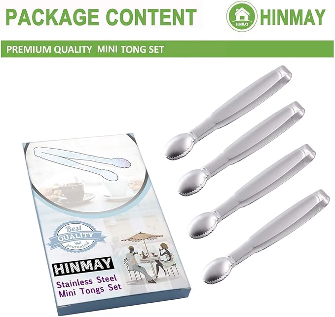 HINMAY 5" Mini Serving Tongs Tiny Stainless Steel Small Tongs, Set of 4