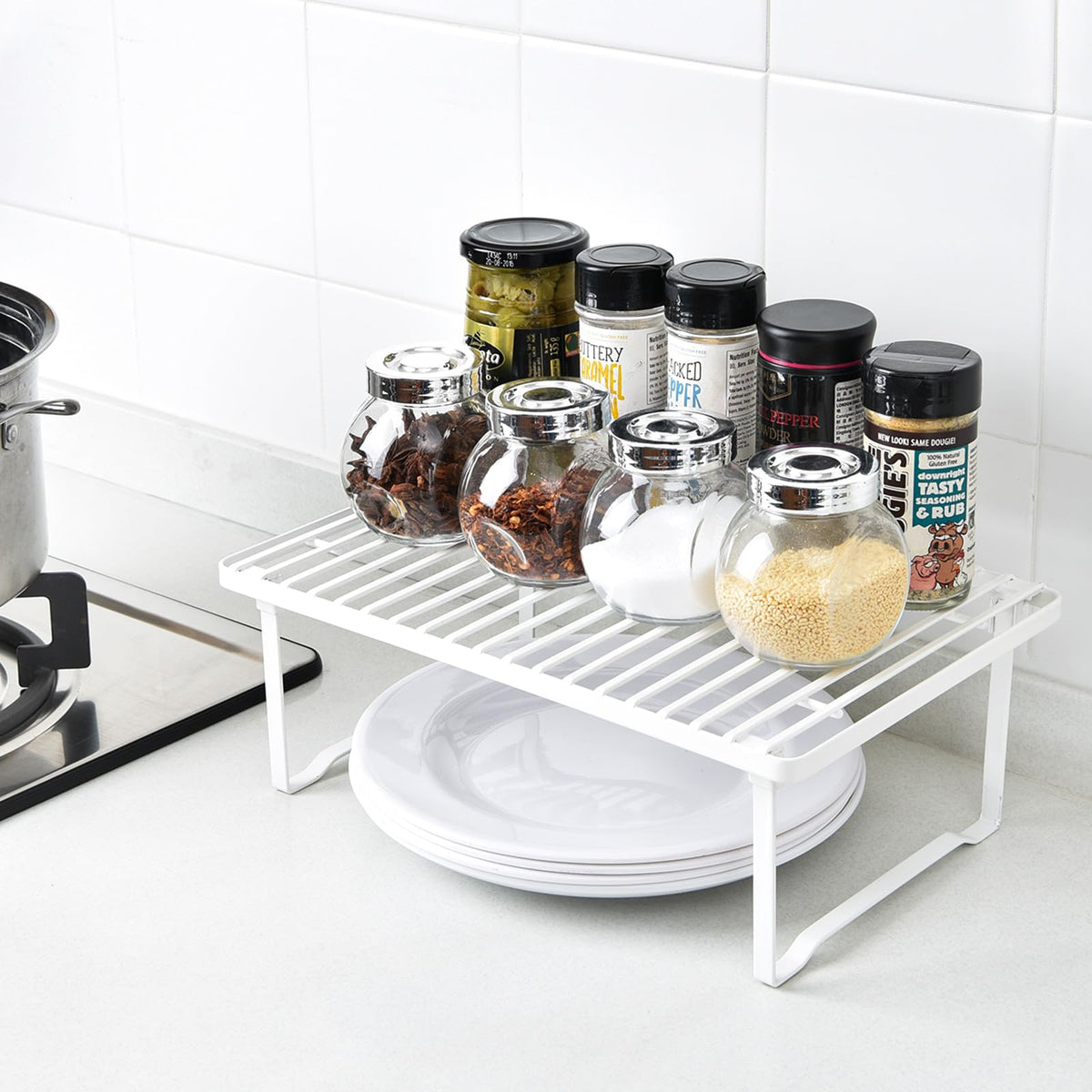 Amazon Basics Space-Saving Stackable Metal Kitchen Cabinet Organizer Shelves for Dishes, Pantry Organization, 12.5" L x 8" D x 4.5" H, Set of 2, White
