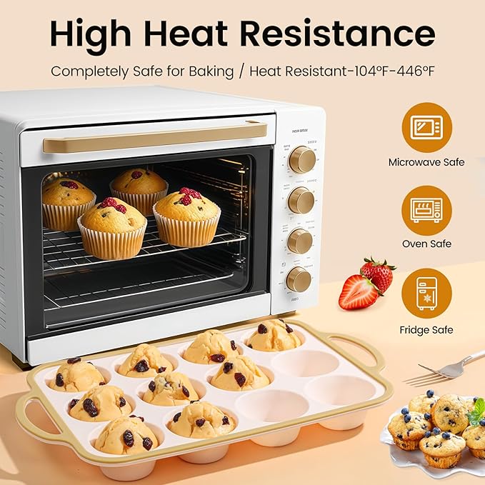 Fimary Silicone Muffin Pans for Baking 2 Pack, 2.6 Inch with Metal Reinforced Frame, Regular Size Nonstick Cupcake Pan 12 Cups for Baking Homemade Muffins, Dishwasher Safe BPA Free-Light Yellow