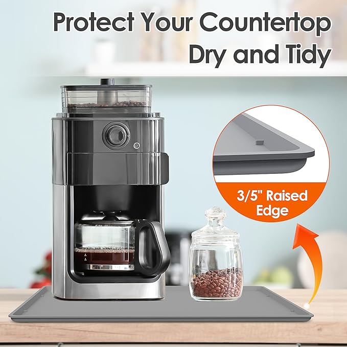Silicone Coffee Maker Mat with Lip for Countertops, 19.7'' x 15'', Grey