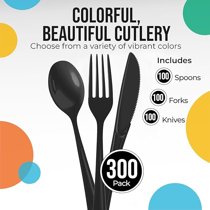 Party Solids Black Plastic Silverware Heavy Duty 300 Pieces Black Disposable Silverware Heavy Duty, Utensil Sets, 100 Of Each Forks, Knives & Spoons Disposable Cutlery Set For Party Supplies
