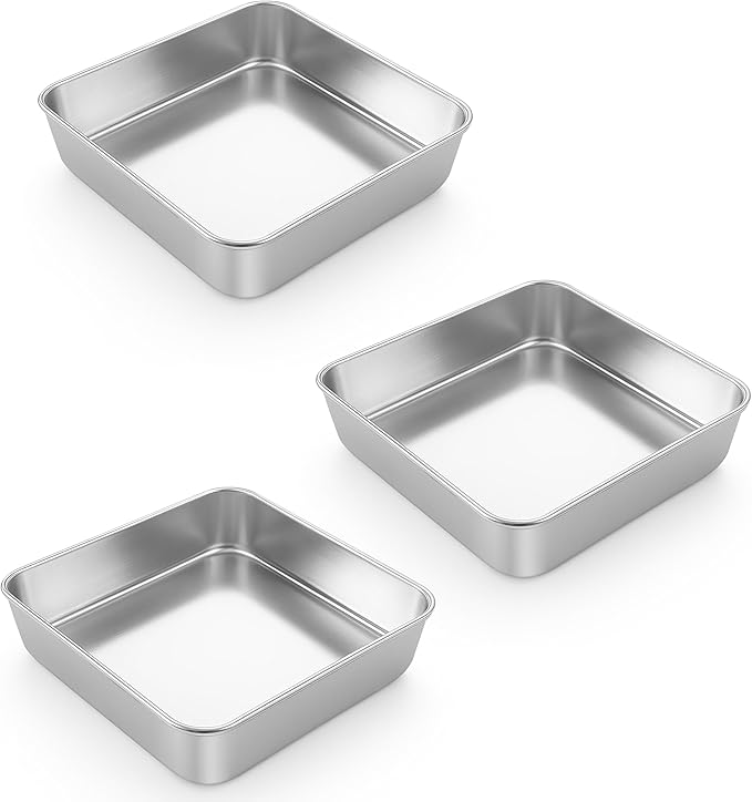 LIANYU 3 Pack 8 x 8 Inch Square Baking Cake Pan, Stainless Steel Cake Molds