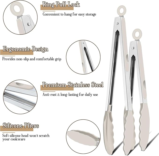 TeamFar Kitchen Tongs, 9"&12" Stainless Steel Heat Resistant Cooking Tongs