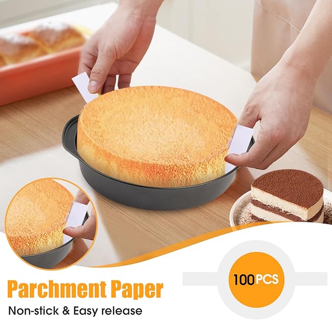 tutikuki 6 Inch Cake Pan - 3PCS Nonstick Round Cake Pans with 100 PCS Parchment Paper, Carbon Steel Smash Cake Baking Pans with Handle, Dishwasher Safe