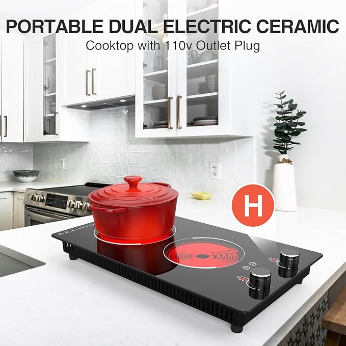 GTKZW 110v Electric Cooktop 2 Burners, 12'' Electric Stove Top with Plug in, Knob Control Countertop & Built-in Ceramic Cooktop, 9 Power Levels, Child Lock, Timer, Over-Heat Protection