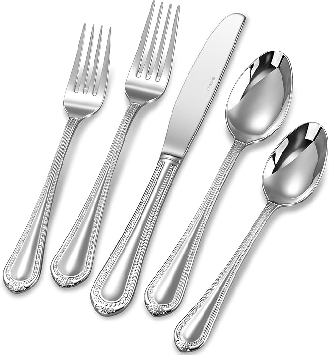 KEAWELL Premium Pearl Edge 20/45/65-Piece Silverware Set (45, Silver)