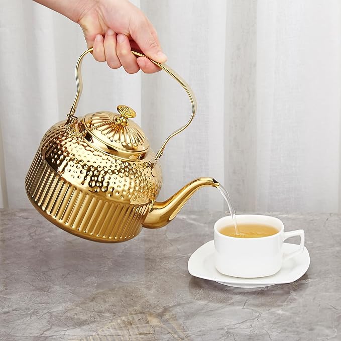 SANQIAHOME Antique 1.4L (45 Oz) Stainless Steel Teapot with Infuser Gold
